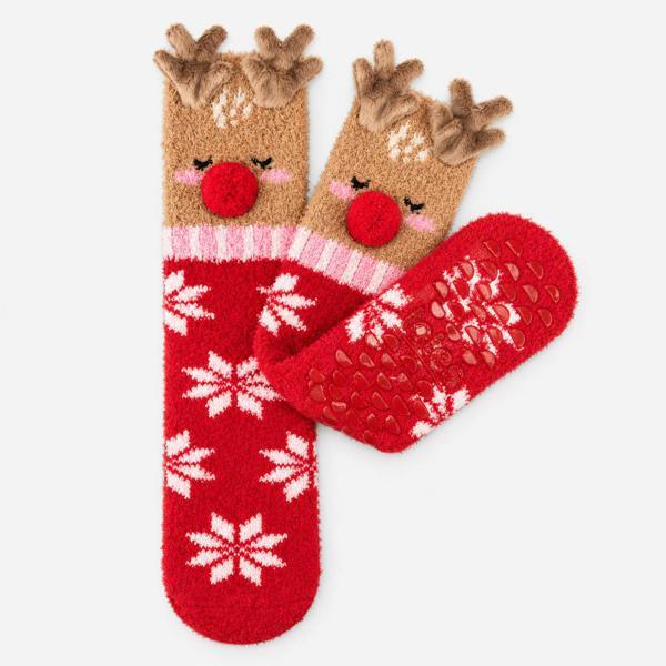 Totes NOVELTY SUPER SOFT SLIPPER SOCKS Slipper Socks Reindeer Slipper Socks   in  Red