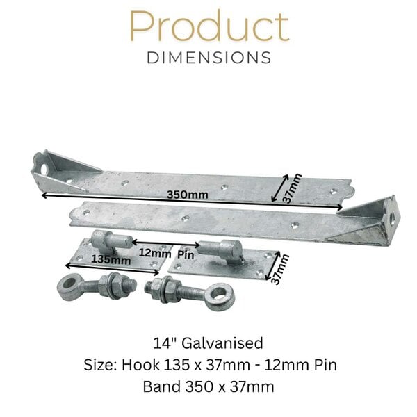 EDH Door Hardware 14" Galvanised Adjustable Hook & Band Gate Hinges Heavy Duty 350mm Pair