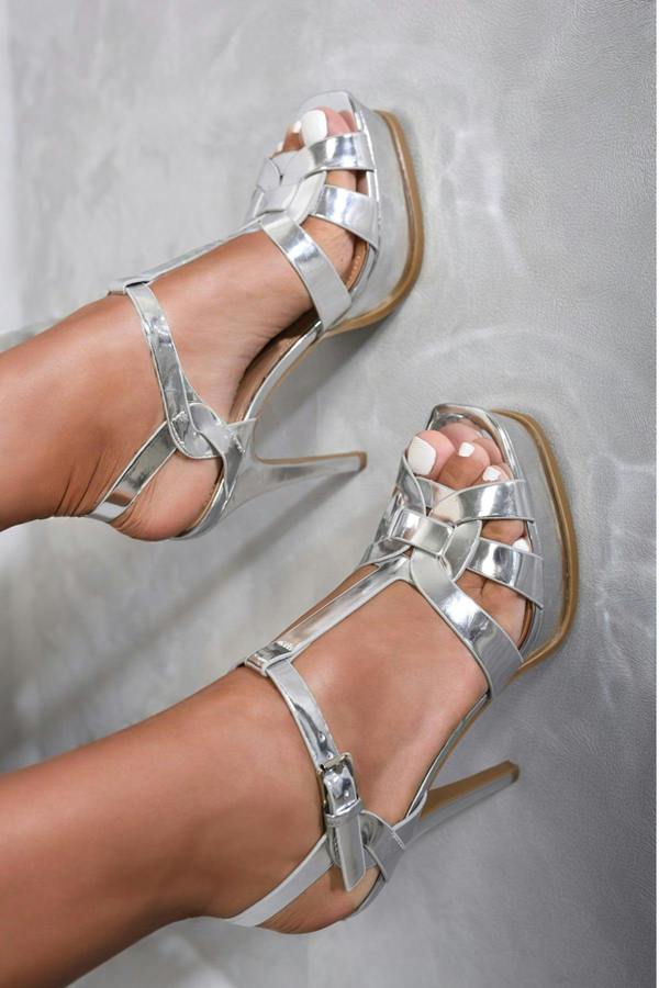 Francesca Platform T Bar Sandal High Heels - Silver