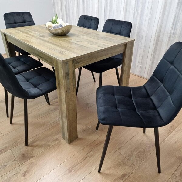 Kosy Koala Dining Table and 6 Chairs Rustic Effect Wood Table 6 Black Velvet Chairs Dining Room