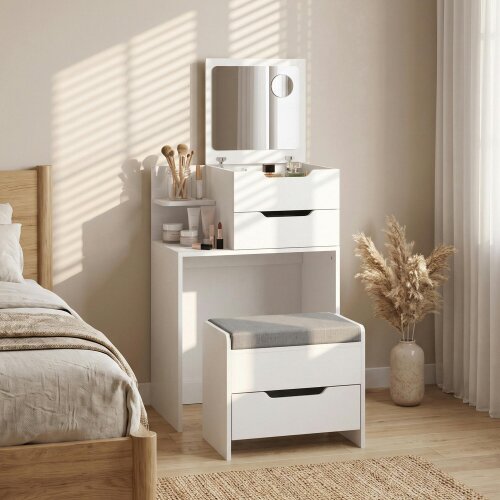 HOMCOM Vanity Desk Hidden Mirror Rolling Stool, White Wood Effect