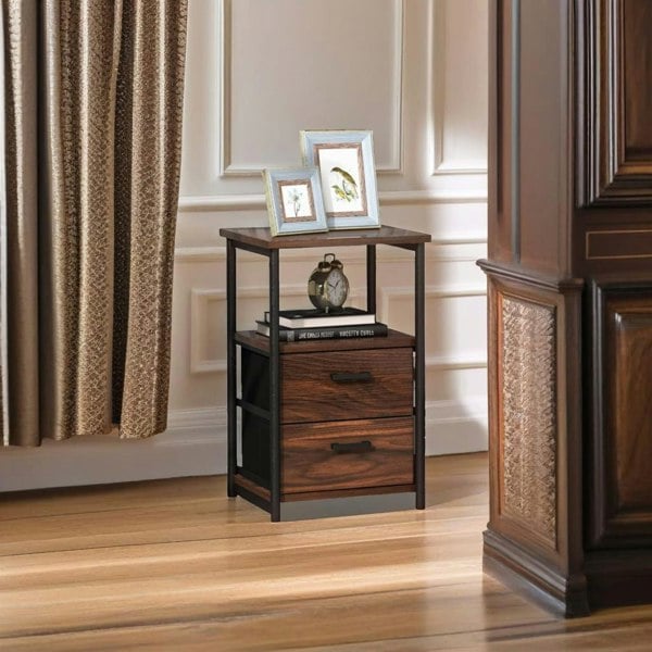 Modcraft Industrial Metal Frame Nightstand with Wooden Top and 2 Folding Drawers