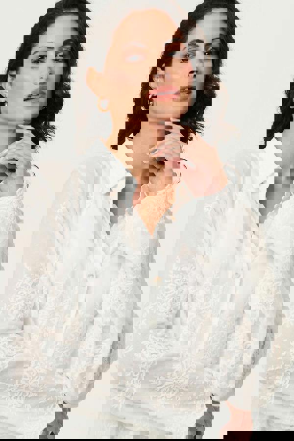 White | Embroidered Long Sleeve Semi Sheer Shirt