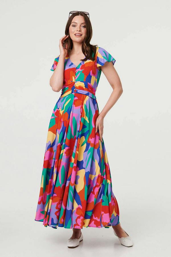 Blue | Abstract Floral Tie Ruched Maxi Dress