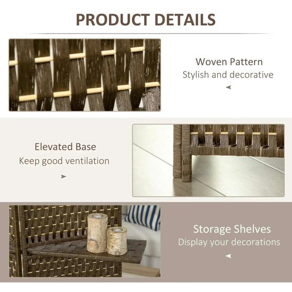 Brown woven privacy screen divider with storage shelves and elevated base