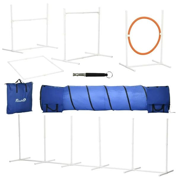 Six-piece dog agility equipment set with blue tunnel, orange ring, white frames, carry bag