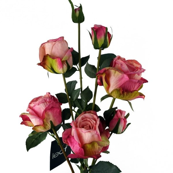 Leaf 60cm Pink Rose Artificial Flowers Spray - 4 Flowers 3 Buds