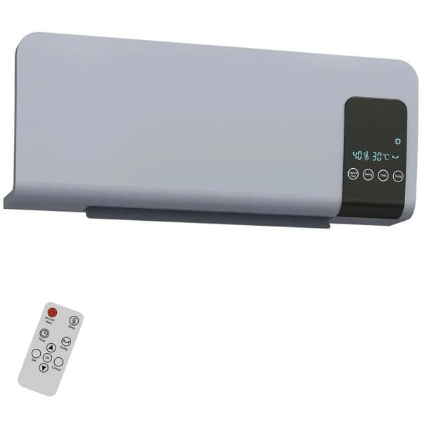 Grey wall mounted heater with digital display and controls, plus handheld remote control