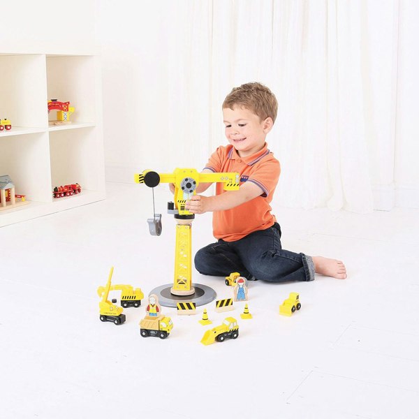 Bigjigs Rail 13 Piece Wooden Yellow Crane Construction Set