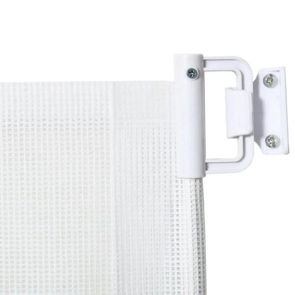 White retractable dog gate with bracket latch and mesh fabric panel connection