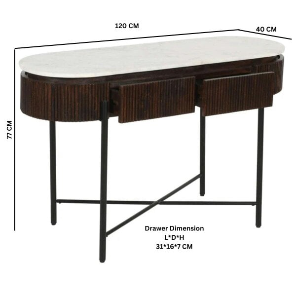 Wyld Haus Alabama Ribbed Mango Wood Console Table With Marble Top and Metal Legs