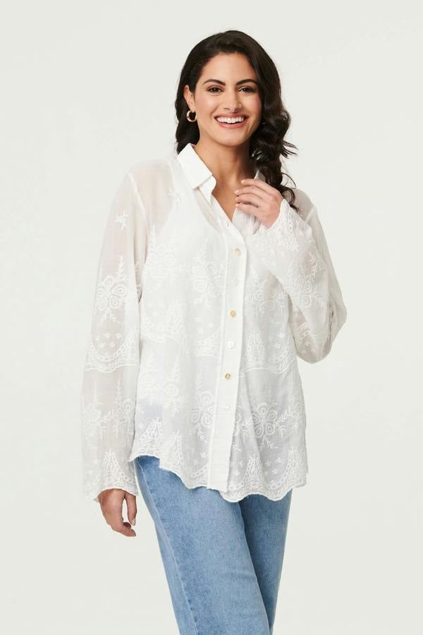 White | Embroidered Long Sleeve Semi Sheer Shirt