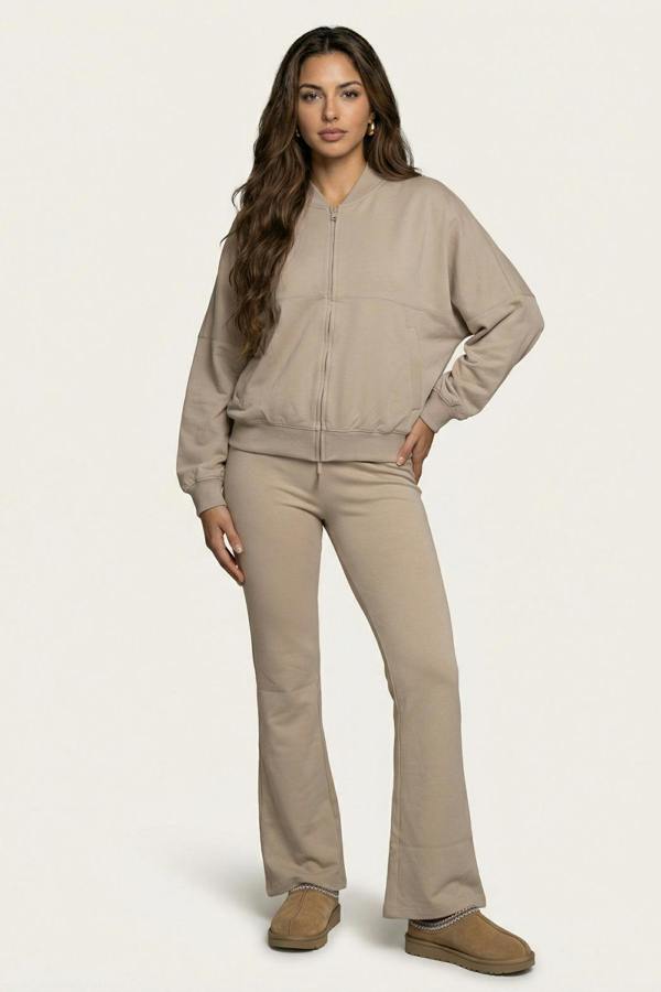 Urban Bliss Bomber Jacket And Flare Jogger Set Oatmeal