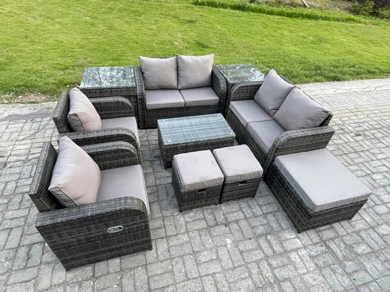 Fimous 9 Seater Dark Grey Mixed Rattan Outdoor Lounge Set - Rectangular Coffee Table, 3 Footstools, Loveseat & 2 Side Tables