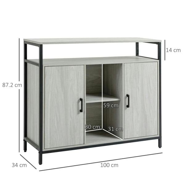 Light grey sideboard cabinet with black steel frame, 2 doors and open adjustable shelf