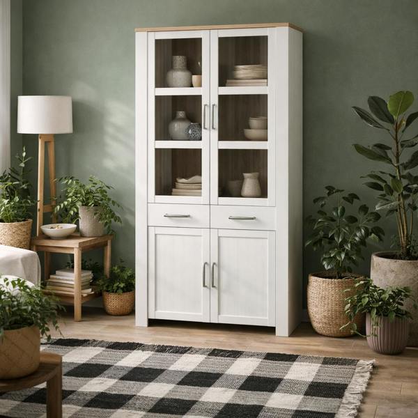 Wyld Haus Klampenborg White and Natural Oak Effect Display Cabinet 4 Door 2 Drawer