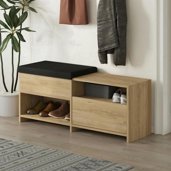 Decortie Modern Filux Shoe Bench Rack Sliding Fabric Seat and 120.3(W) Storage Cabinet 2-Tier Open Shelves Hallway