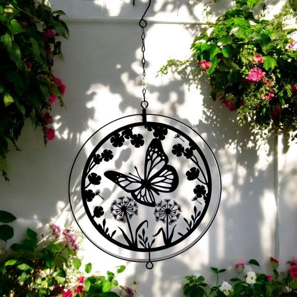 EDH Door Hardware Black Metal Butterfly Hanging Silhouette Orbit Spinner – 39cm x 23cm | Elegant Outdoor Garden Décor | Wind Spinner