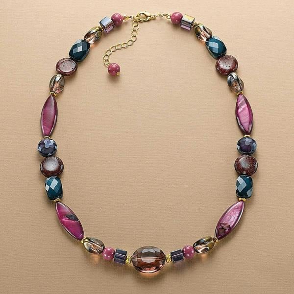 Pia Navy & Purple Crystal Necklace, Jade & Mother-of-Pearl Beaded