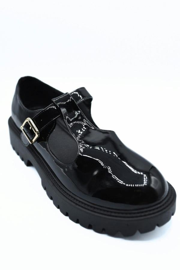 Danica T-strap Buckle Chunky Sole Shoes - Black Pat