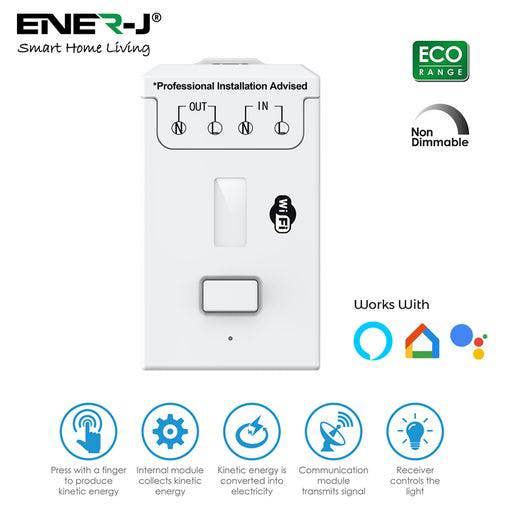 ENER-J 2 Gang Wireless Kinetic Switch, White+Non Dimmable + Wi-Fi 5A RF Receiver