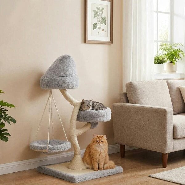 115 cm Modern Cat Tree Tower for Large Cats with Sisal Scratching Post, Holds 1 Cat up to 6kg, Machine-Washable Beds
