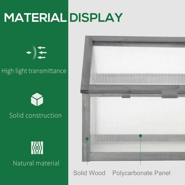 Grey wooden cold frame with ribbed clear polycarbonate panel front