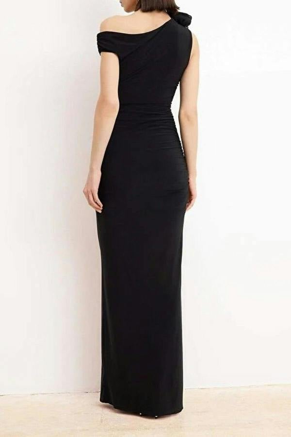 WOVCOR Plain One-Shoulder Knitted Maxi Dress with Applique Detail