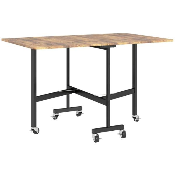 Brown wood-effect drop-leaf dining table with wheels, six seats