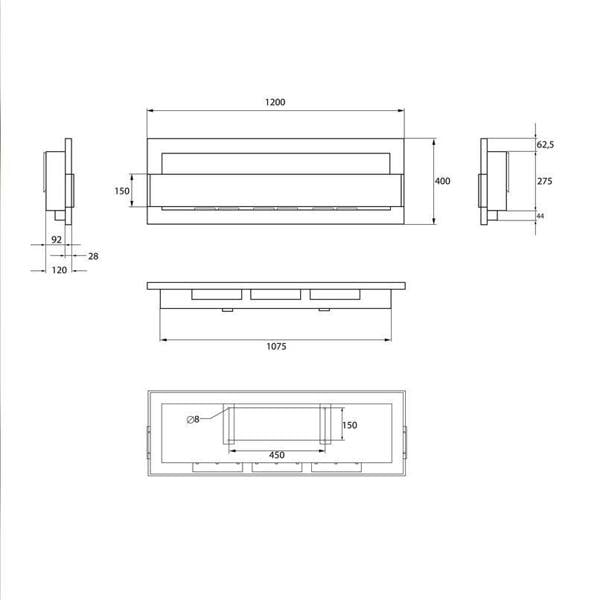 BIOFireplacesGMT Bioethanol Fireplace Wall Mounted 1200x400 White Gloss with Glass Ventless
