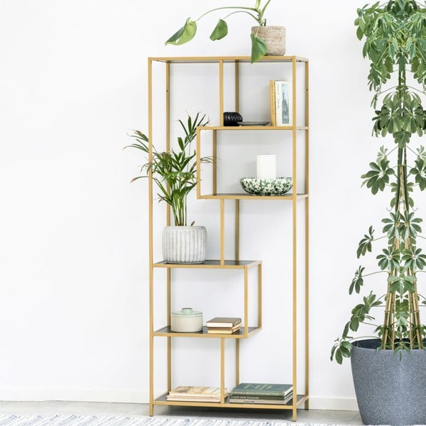Furniture To Go Seaford Tall Gold Metal Bookcase with 5 Black Shelves