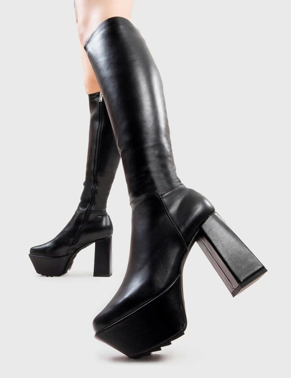 Lamoda Knee High Boots Wish Me Dead Square Toe Platform Heels with Zipper, Black