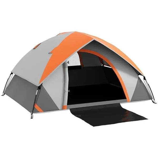 Two-person dome camping tent with orange and grey canopy and side door