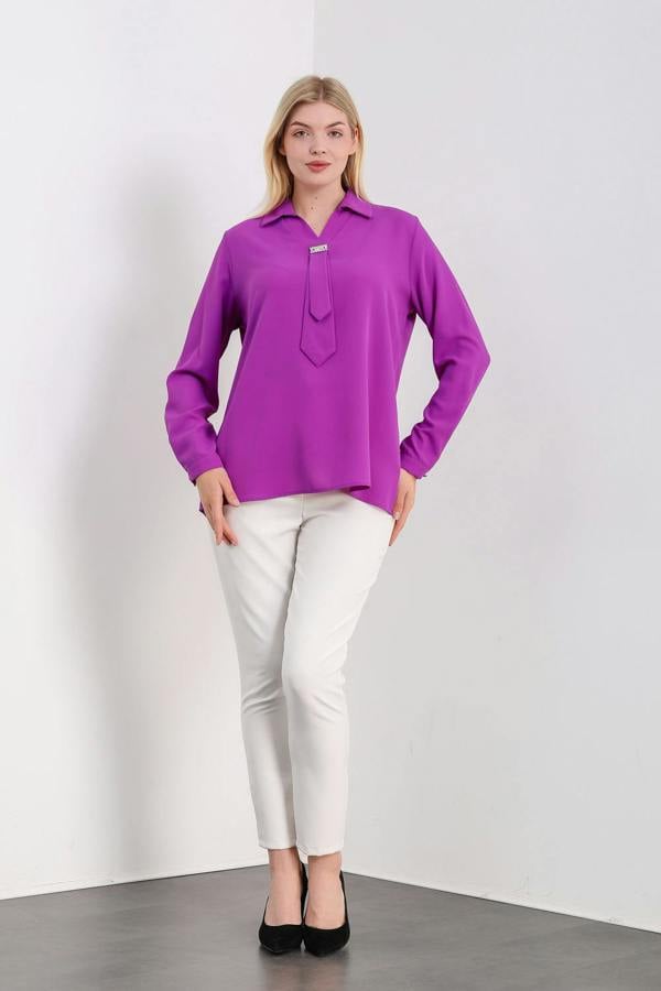 Hoxton Gal Oversized Long Sleeves Shirt Collar Blouse Top with Brooch Detail in Purple