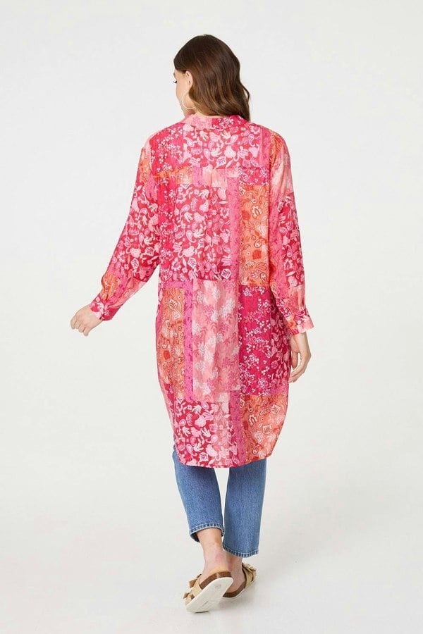 Red | Patchwork Print Semi Sheer Longline Shirt
