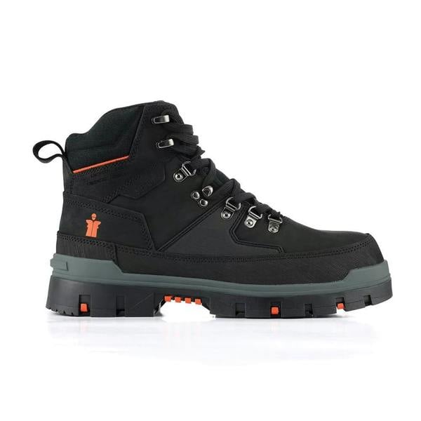 Scruffs Rugged Mens S3 Safety Composite Toe Midsole Work Ankle Boots, black with orange accents, sturdy outsole, and high ankle support for safety and durability.