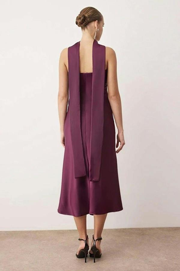 WOVCOR Strapless Satin Evening Dress with Scarf Detail