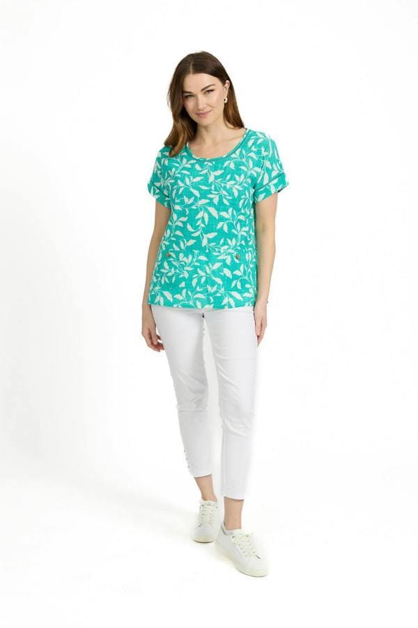 Mudflower Leaf Print Ladder Trim Top