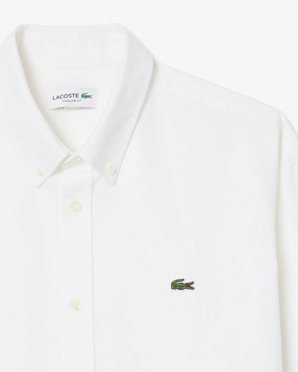 Lacoste Casual Oxford Mens Long Sleeve Shirt - White/White 800 | CHO | Designer Mens Long Sleeve Shirts