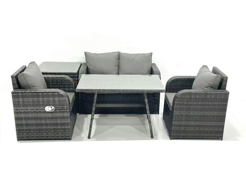 Fimous Outdoor Garden Furniture Set Rattan Sofa Dining Table Set with Reclining Chair Side Table Dark Grey Mixed
