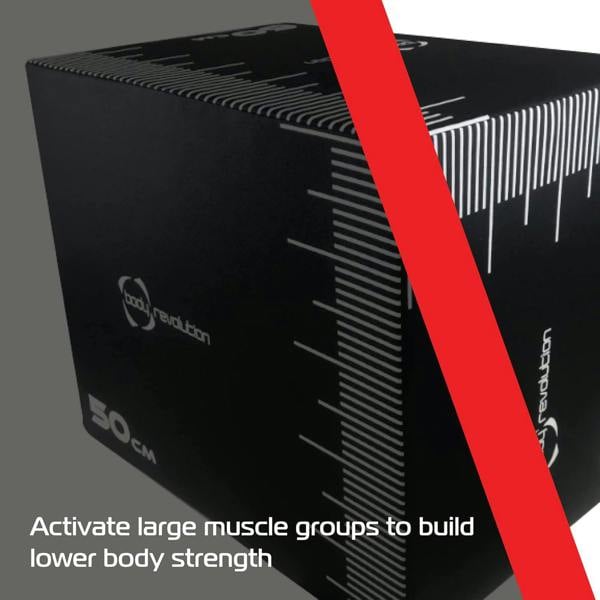 Medium Body Revolution Plyo Box in black with measurement markings, designed for activating lower body muscle groups and enhancing strength