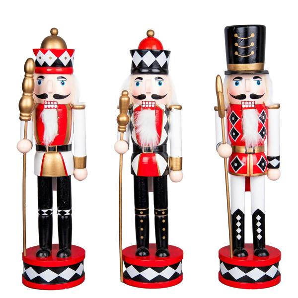 38cm Wooden Christmas Nutcracker Soldier Ornament Set of 3, Hand Painted Red and Black image 4
