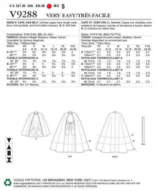 Vogue Sewing Pattern 9288, Capes, Belts for Women, Y (XSM-SML-MED) - Easy