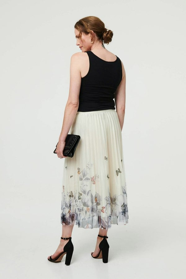 Beige | Butterfly Print Pleated Mesh Midi Skirt
