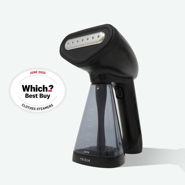 A black and transparent Fridja f10 Handheld Clothes Steamer - Refurbished Grade A stands upright beside a Which? Best Buy Clothes Steamers June 2025 award badge on a light background.