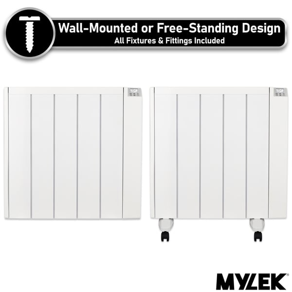 MYLEK Electric Radiator Panel Heater Ceramic White Eco 1500W Bathroom Safe Wall Mounted Or Free Standing With Timer Thermostat