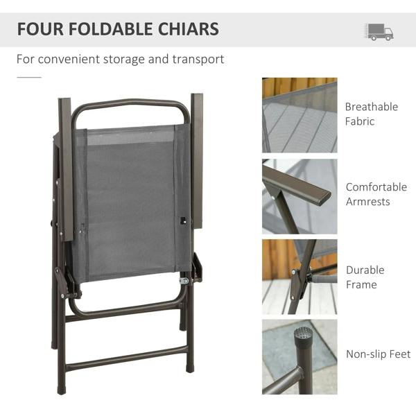 Grey folding outdoor dining chair with breathable fabric back and non-slip feet
