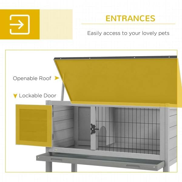 Grey wooden hutch with open roof panel and lockable wire door opening