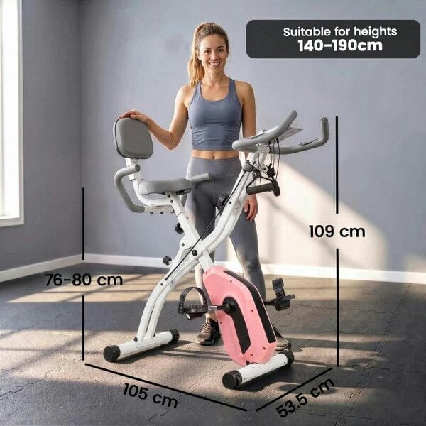 4-In-1 Folding Exercise Bike with Resistance Bands, Bluetooth App, 8-Level Magnetic Resistance, LCD Display, Pink