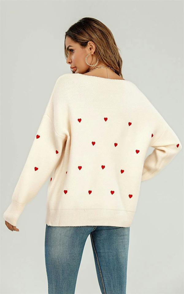 FS Collection Embroidery Red Heart V Neck Jumper In Cream